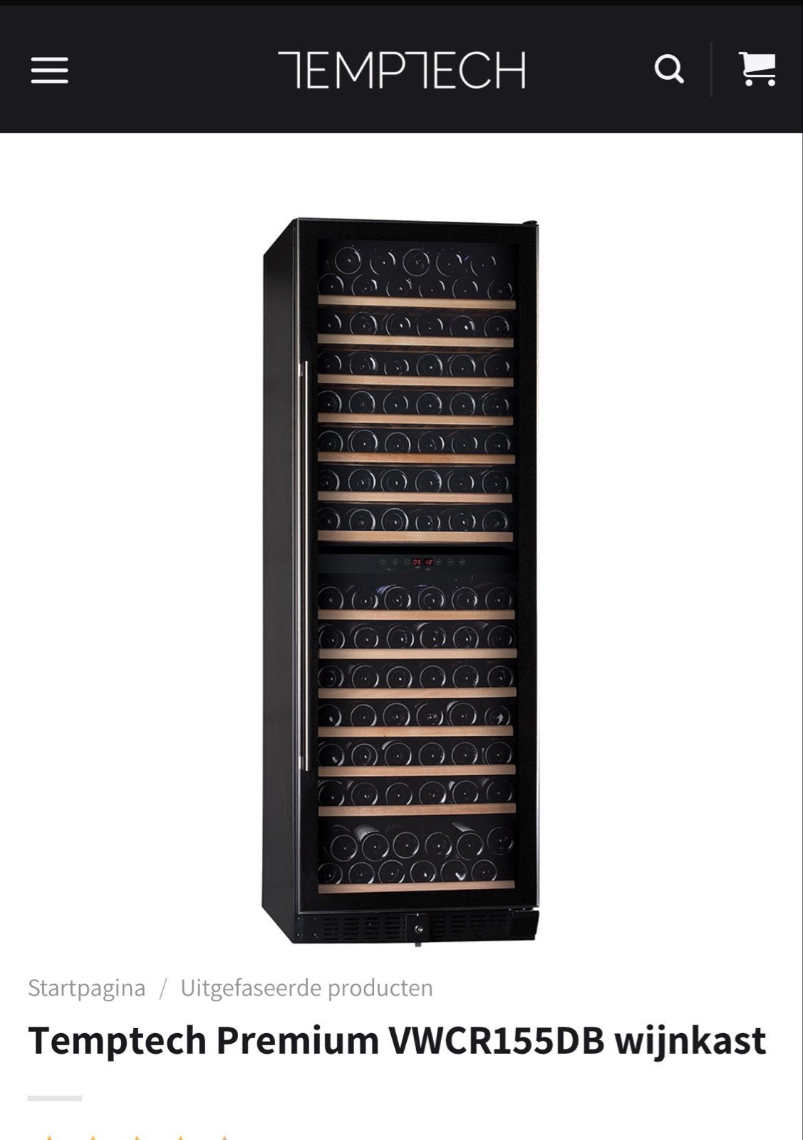 Temptech VWCR155DB Wijnklimaatkast - Premium GROOT, Ophalen, 200 liter of meer, 60 cm of meer, 160 cm of meer