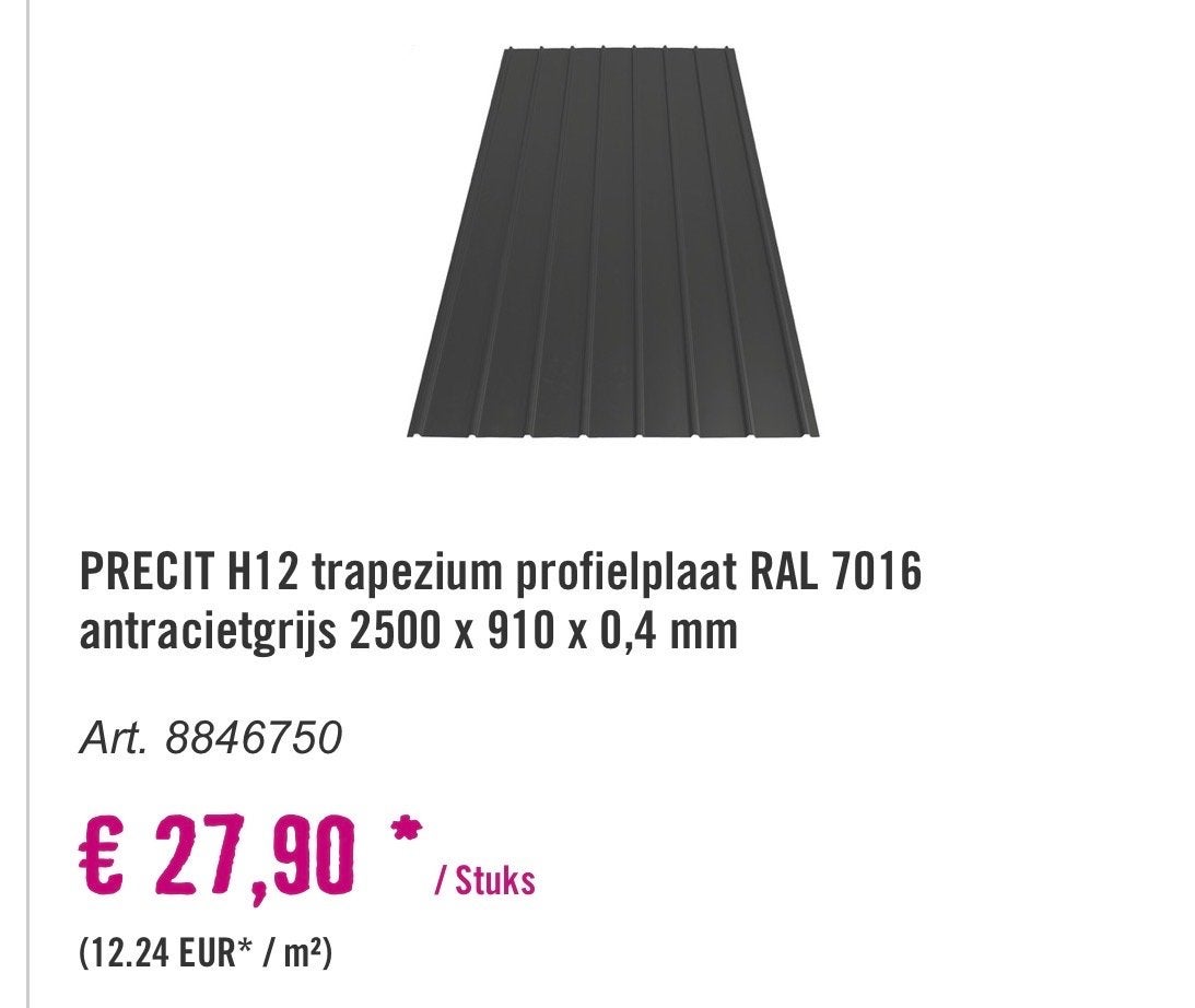 PRECIT H12 trapezium profielplaat RAL 7016 antracietgrijs, Doe-het-zelf en Verbouw, Ophalen, Nieuw, Overige materialen, Minder dan 20 mm