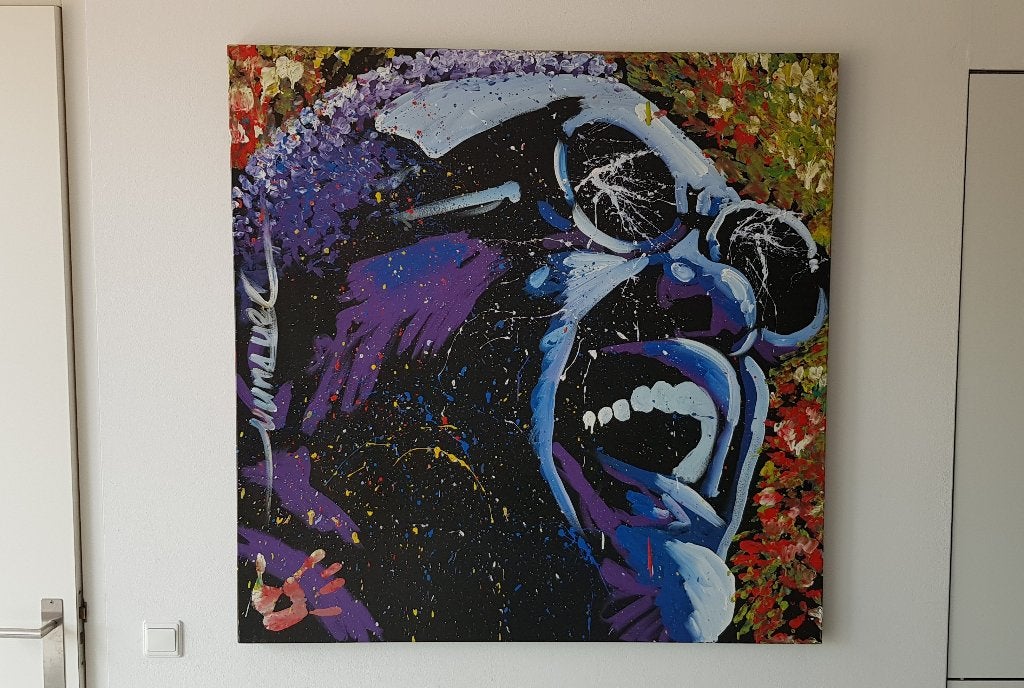 Dan Dunn speedpainting schilderij Ray Charles 122x122cm, Acrylverf, Portret, Textiel, Gesigneerd