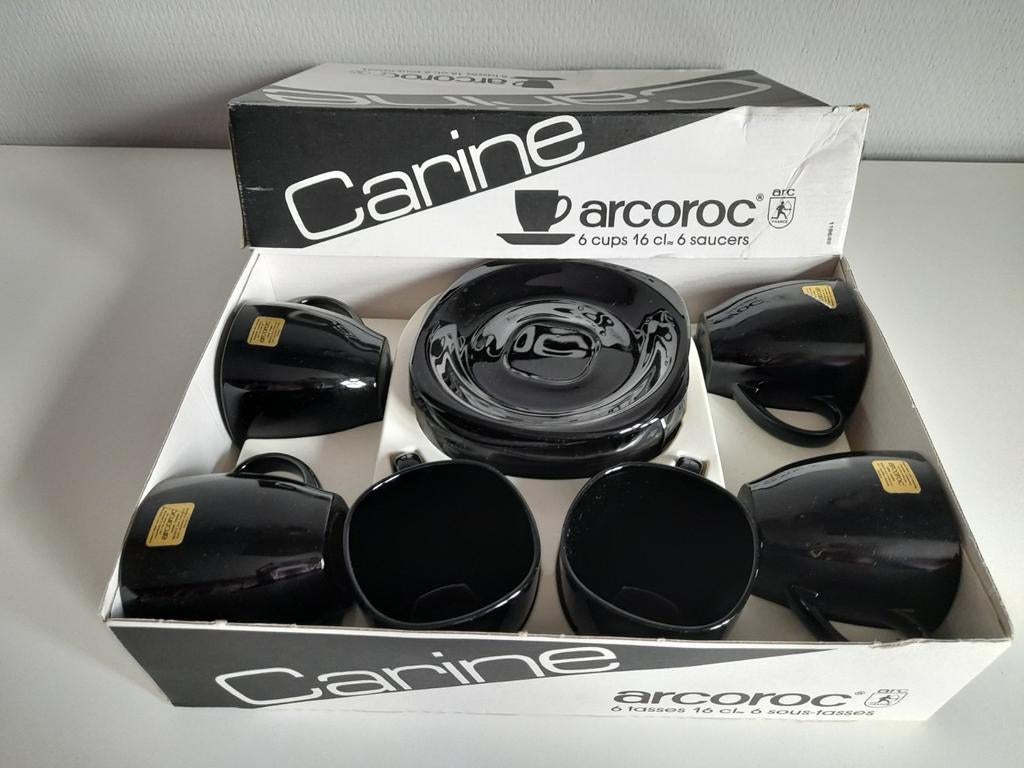 Arcoroc Carine Zwarte Kopjes en Schotels Set (6 stuks), Ophalen, Nieuw, Glas, Effen