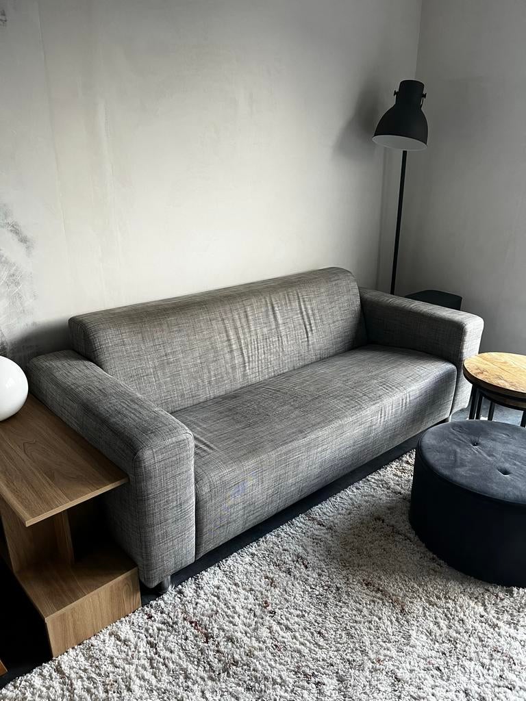 Grijze designbank, 206cm, huisdiervrij, zit heerlijk, Ophalen, Gebruikt, Driepersoons, 75 tot 100 cm