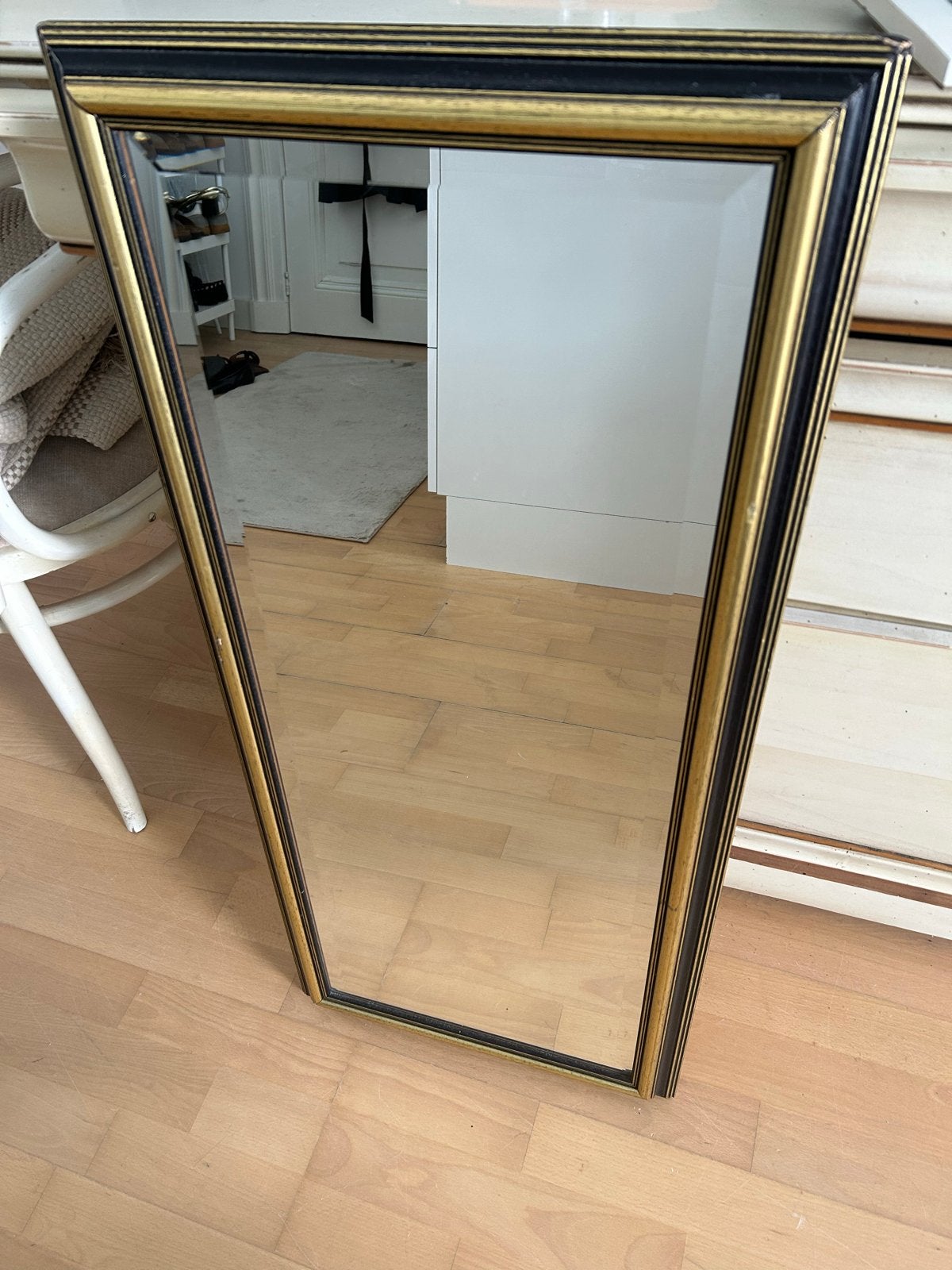 Vintage spiegel 90x40 cm - Zwart met goud, Antiek en Kunst, Ophalen, Rechthoekig, Minder dan 50 cm, Minder dan 100 cm