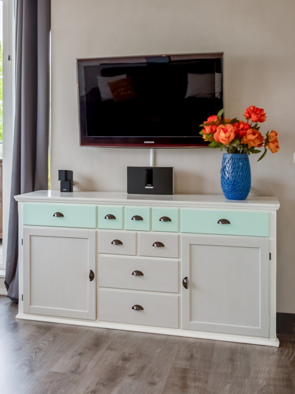 Stijlvol dressoir met lades en deuren - Grijs/Mintgroen, Ophalen, Gebruikt, 150 tot 200 cm, 25 tot 50 cm