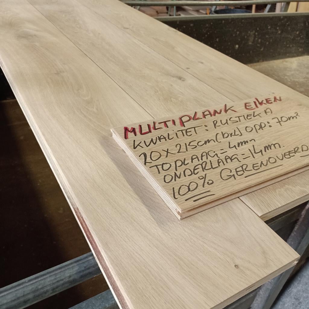 multiplank eiken vloer rustiek A 70m2, 20cm br, 100% gerefur, Ophalen, Vloerdelen of -planken, Zo goed als nieuw, 10 m² of meer