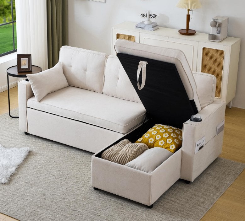 Hoekbank Slaapbank - Lade, Opbergruimte, L-vormig, Beige, Ophalen, Hout, 150 tot 200 cm, 75 tot 100 cm