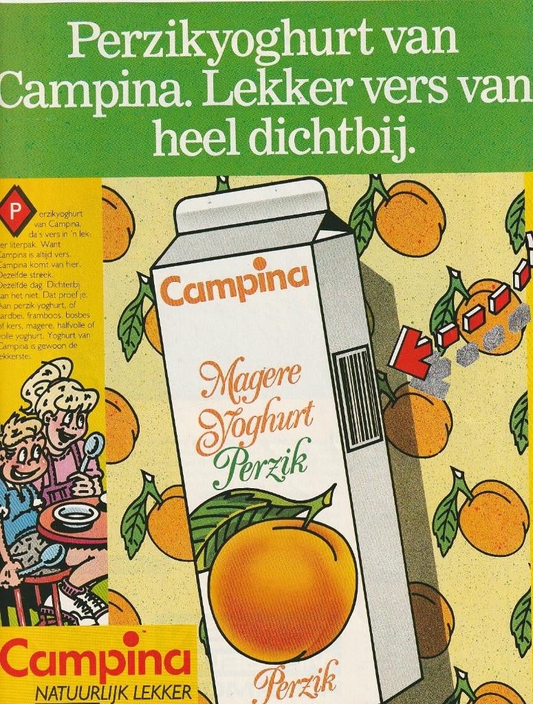 Retro reclame 1986 Campina zuivel perzik yoghurt, Verzamelen, Retro, Overige typen, Verzenden