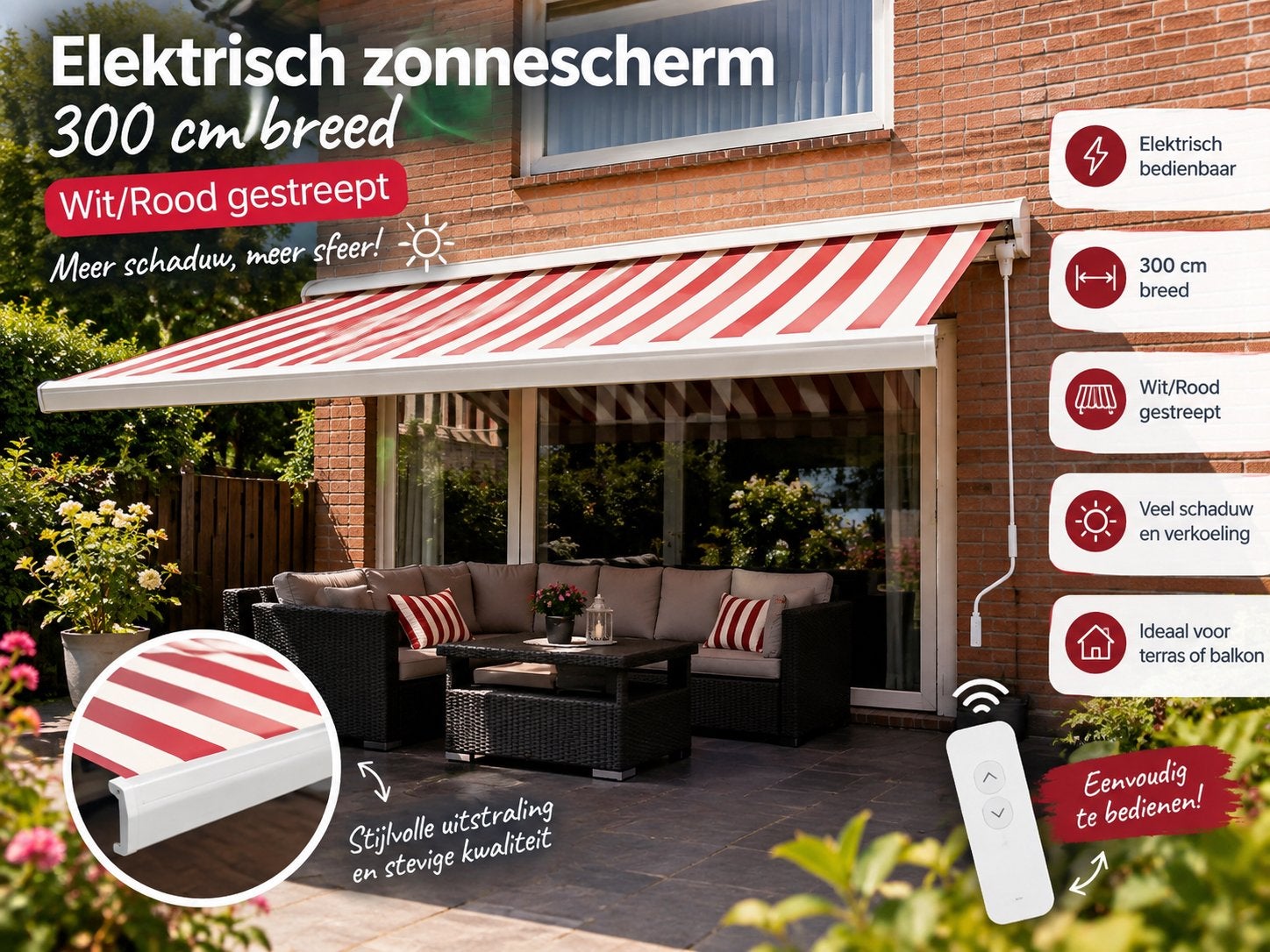 Elektrisch zonnescherm 300 cm - Wit/Rood gestreept, Tuin en Terras, Gebruikt, Elektrisch, Ophalen of Verzenden, 150 tot 300 cm