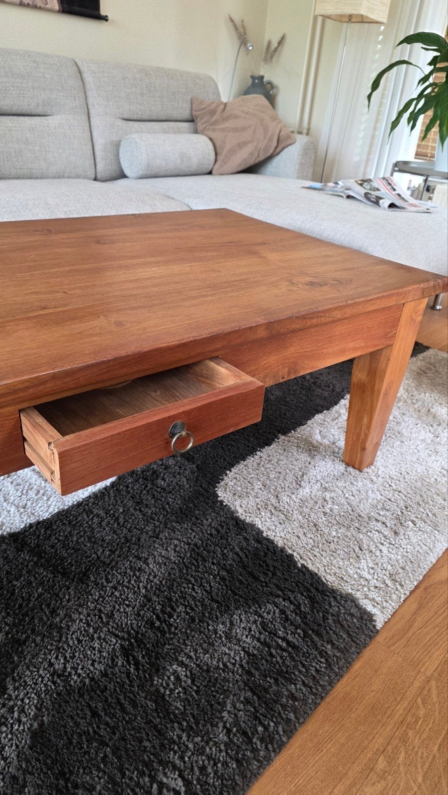 Grote houten salontafel, Ophalen, Gebruikt, 100 tot 150 cm, Teakhout