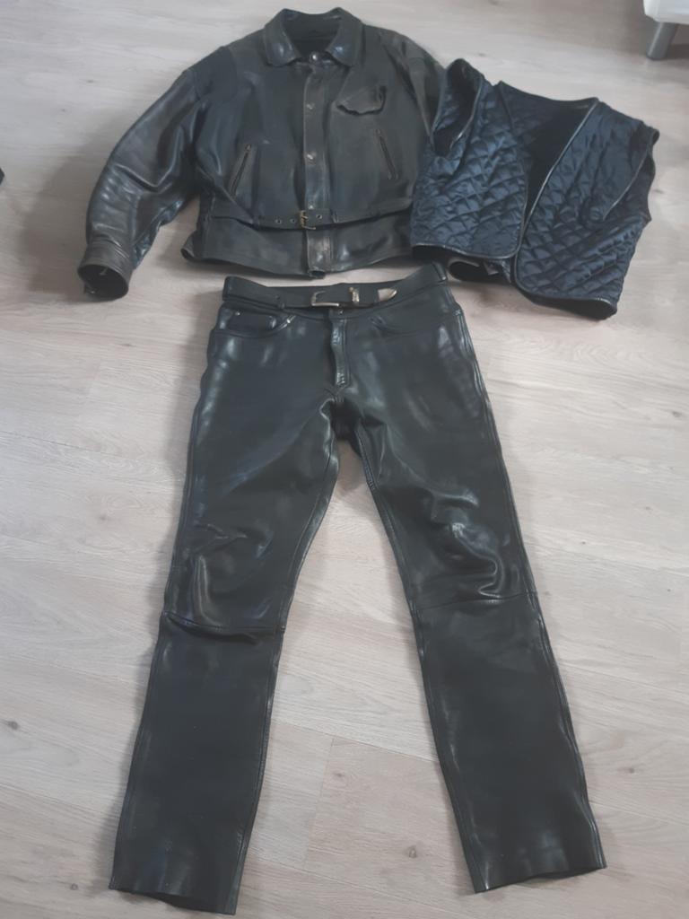Zwart leren motorpak, jas maat XL, broek maat 58, Motoren, Kleding | Motorkleding, Ophalen, Tweedehands, Combipak