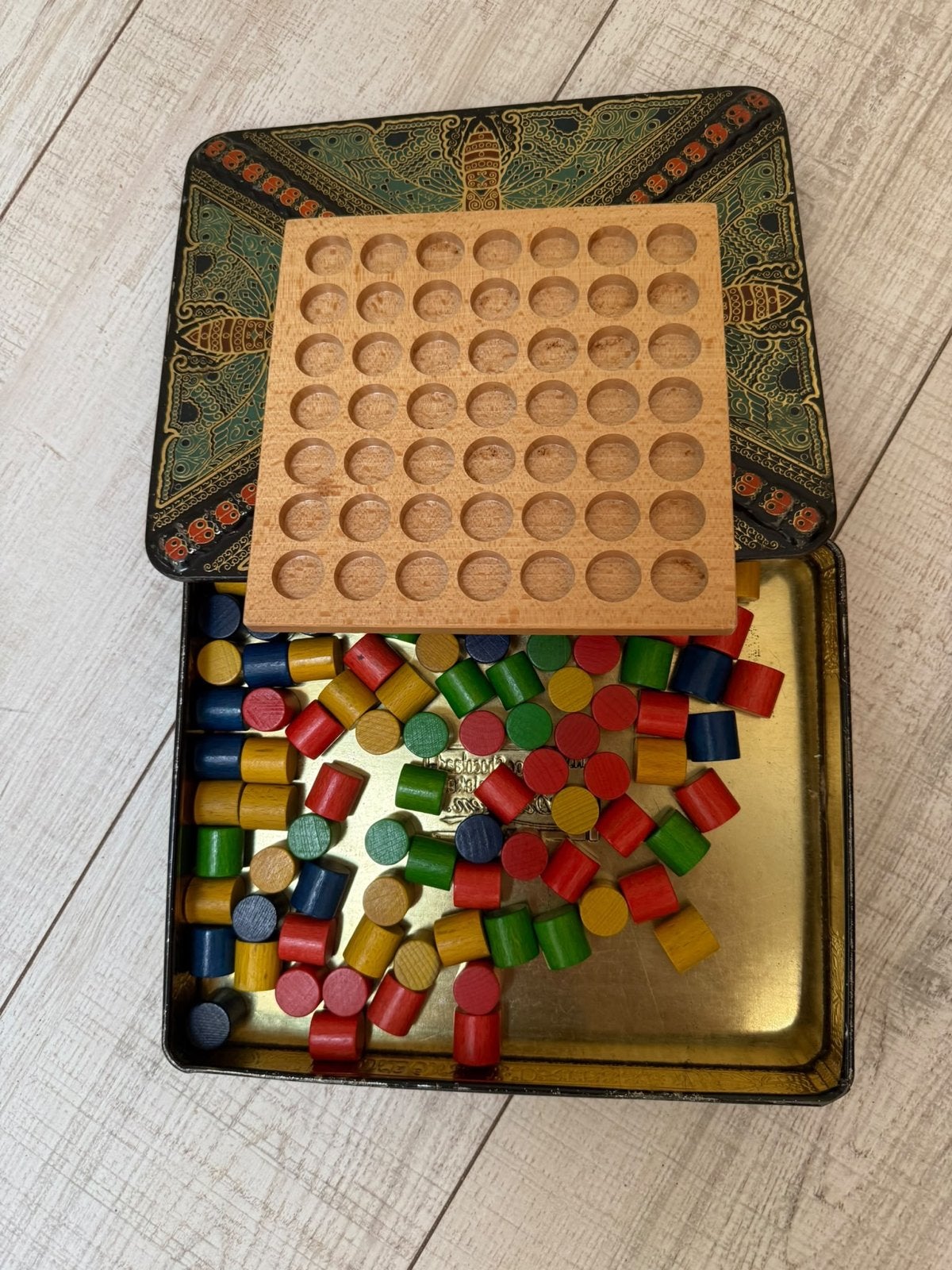 Vintage houten insteekspel in blik van baronie, Gebruikt, Meerkleurig, Knutselset, Hout