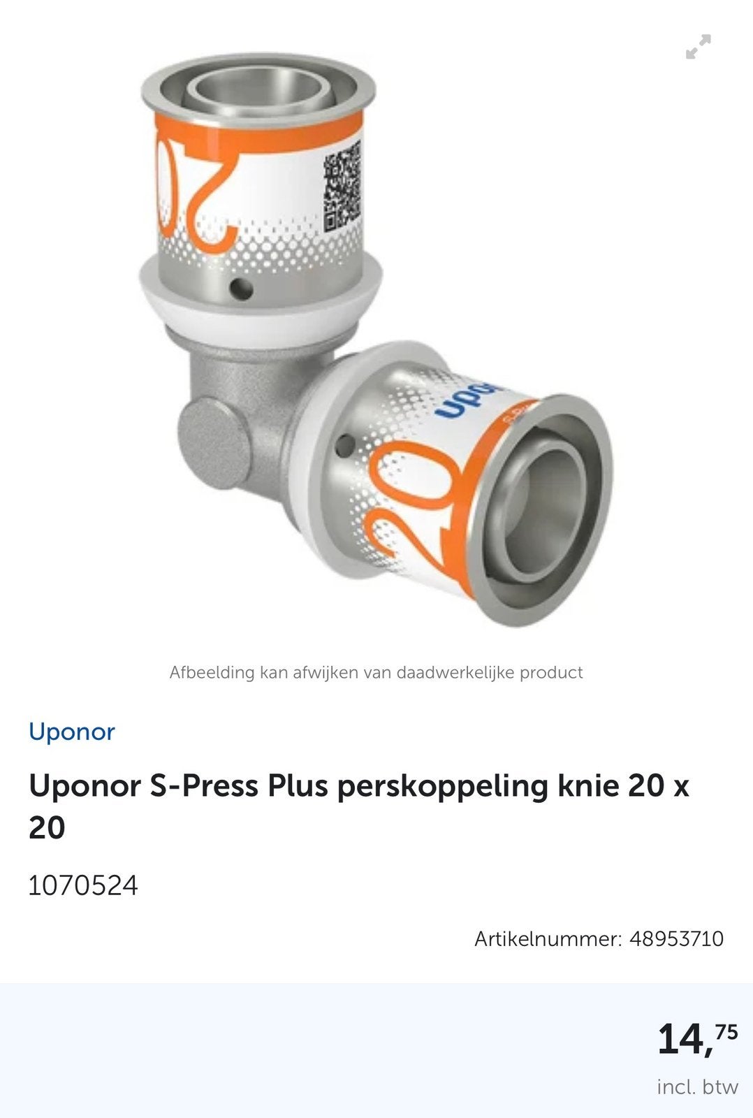 Uponor S-Press Plus perskoppeling knie 20 x 20 1070524, Ophalen, Nieuw, Overige typen