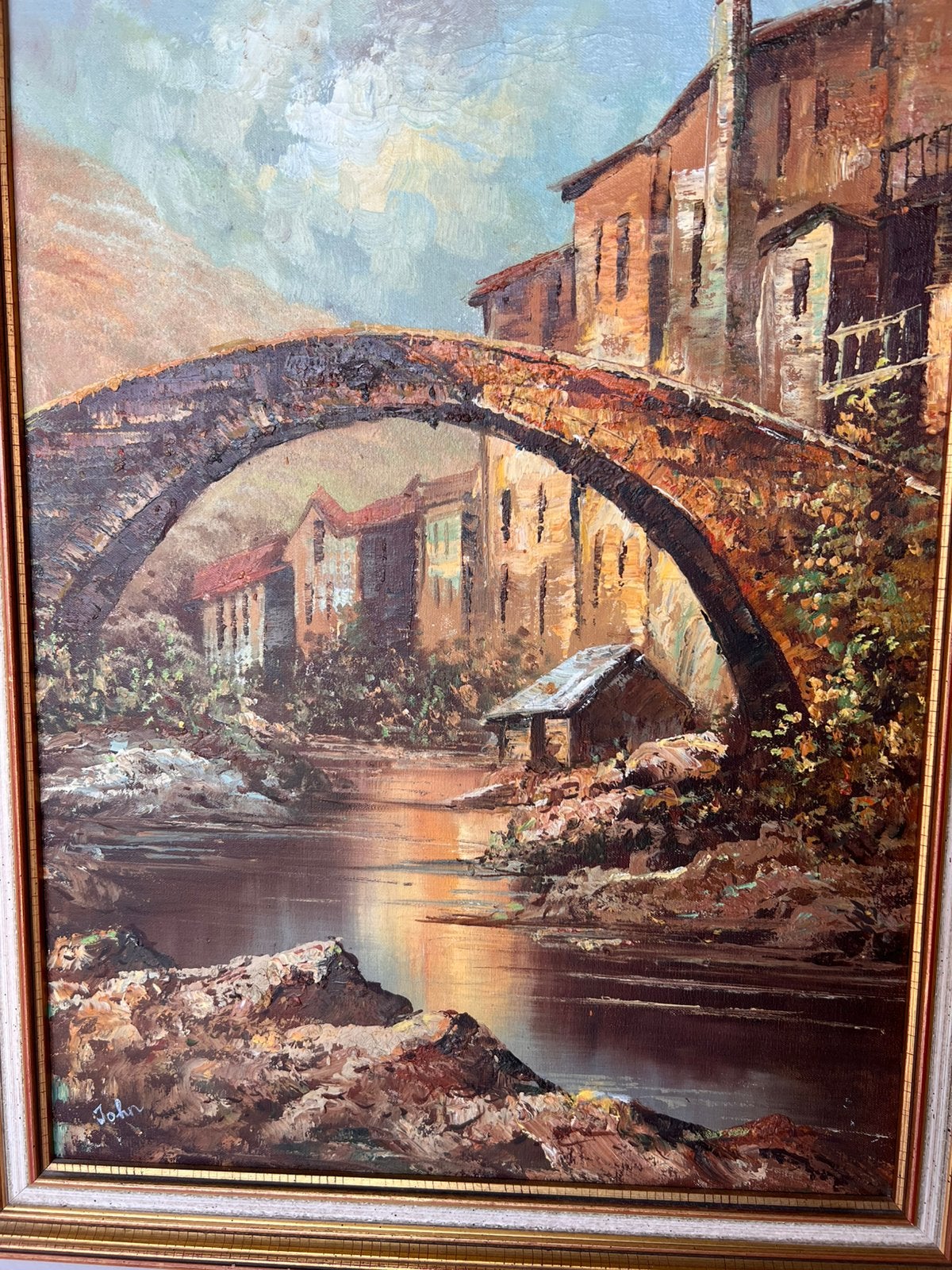 Origineel olieverfschilderij ,bergdorp met stenen brug .John, Ophalen of Verzenden