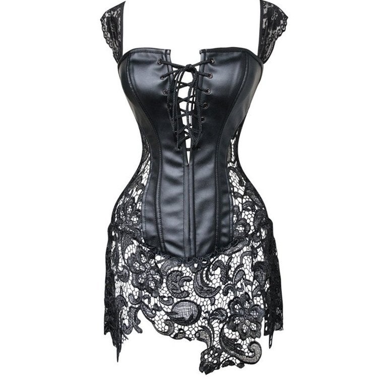 Zwarte kunstleren kanten korset jurk leren sexy bustier, Maat 38/40 (M), Verzenden, Zwart, Nieuw