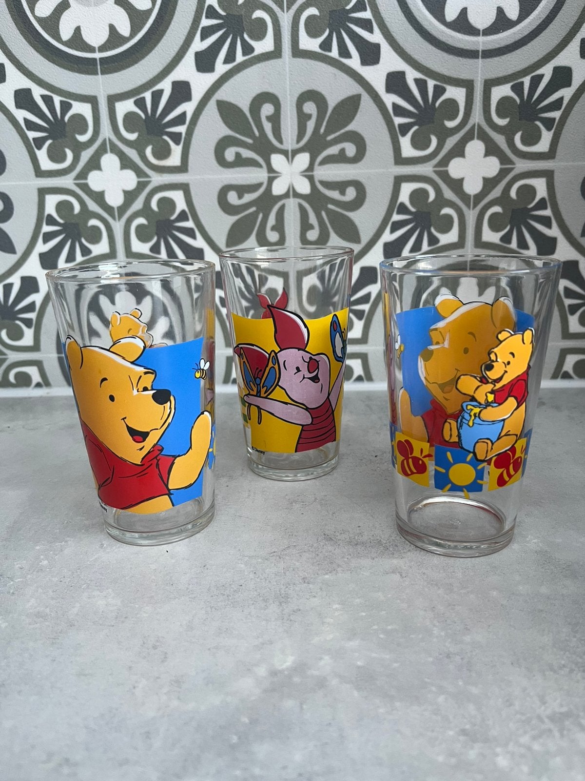 3 Vintage Disney Winnie the Pooh & Knorretje Drinkglazen, Ophalen of Verzenden, Zo goed als nieuw, Borrel- of Shotglas