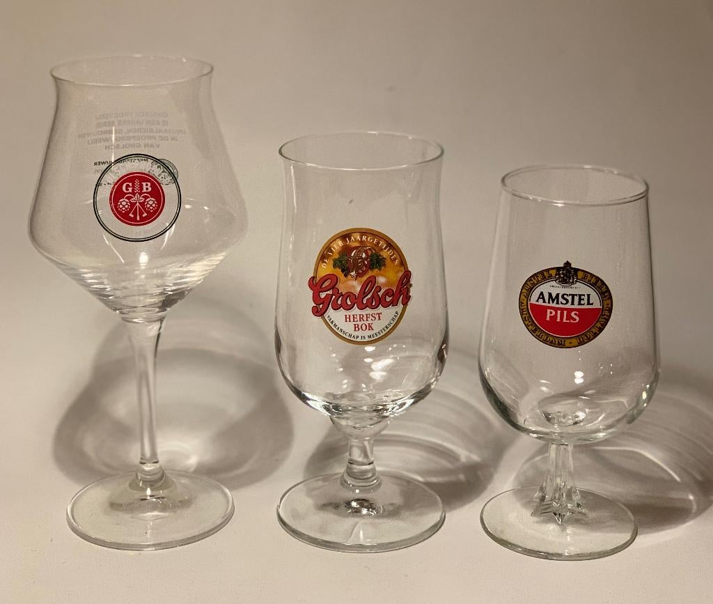 3 Bierglazen - Grolsch, Amstel, Grolsch proeverij GB, Ophalen of Verzenden, Zo goed als nieuw, Glas of Glazen, Grolsch