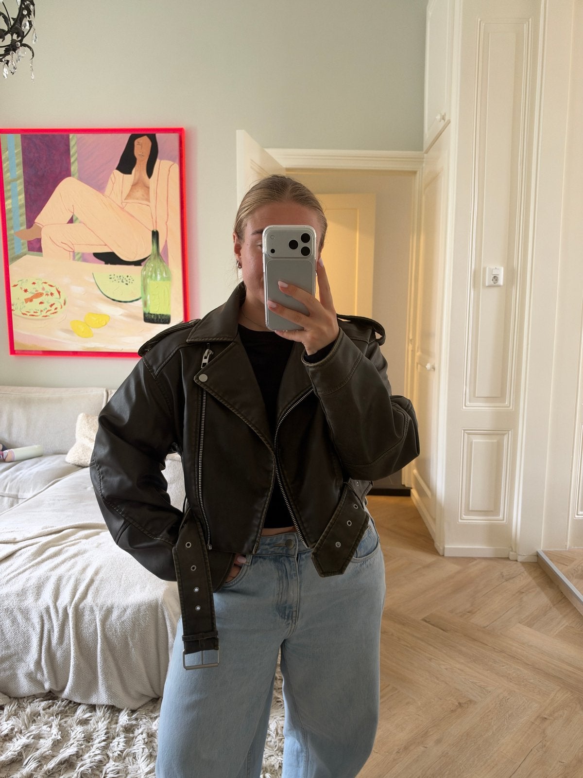 Zara leren bikerjack maat L, Ophalen of Verzenden, Zo goed als nieuw, Maat 42/44 (L), Bruin