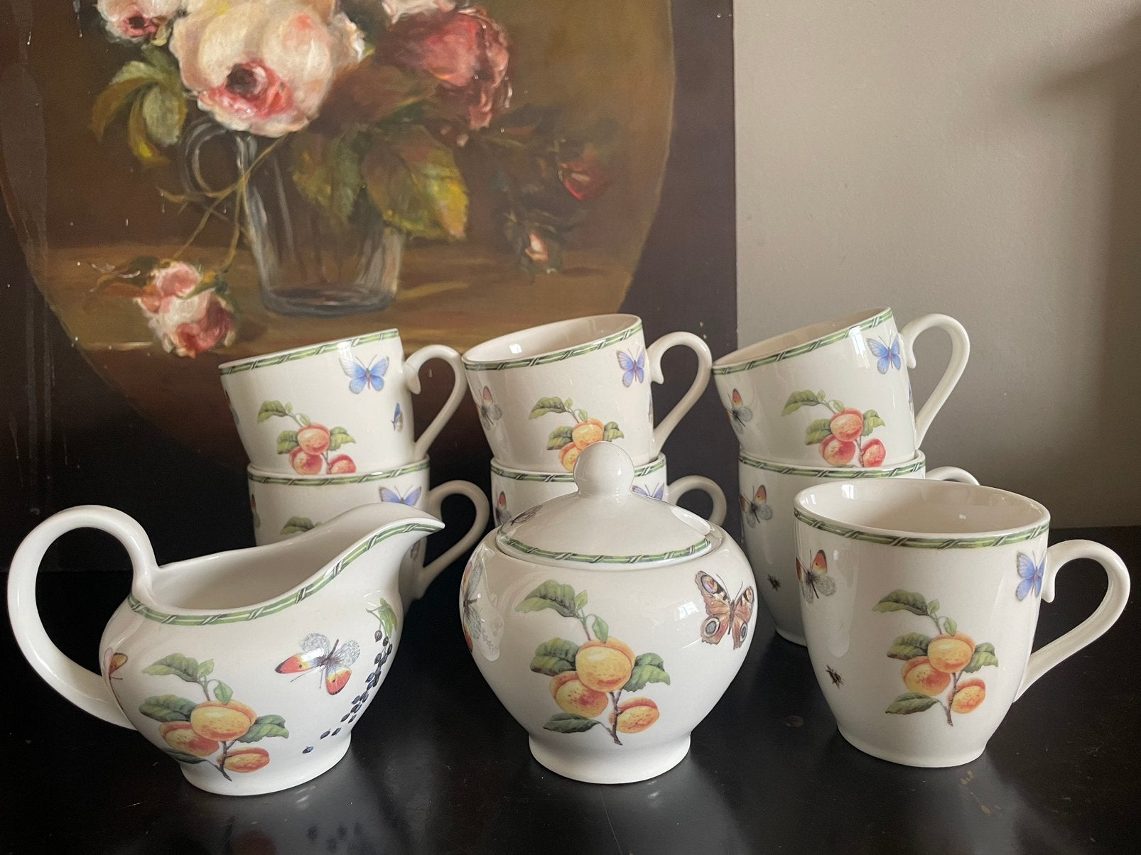 7 Janneke Brinkman fruit&flowers mokken melk & suikerpot, Huis en Inrichting, Ophalen of Verzenden, Zo goed als nieuw, Overige stijlen