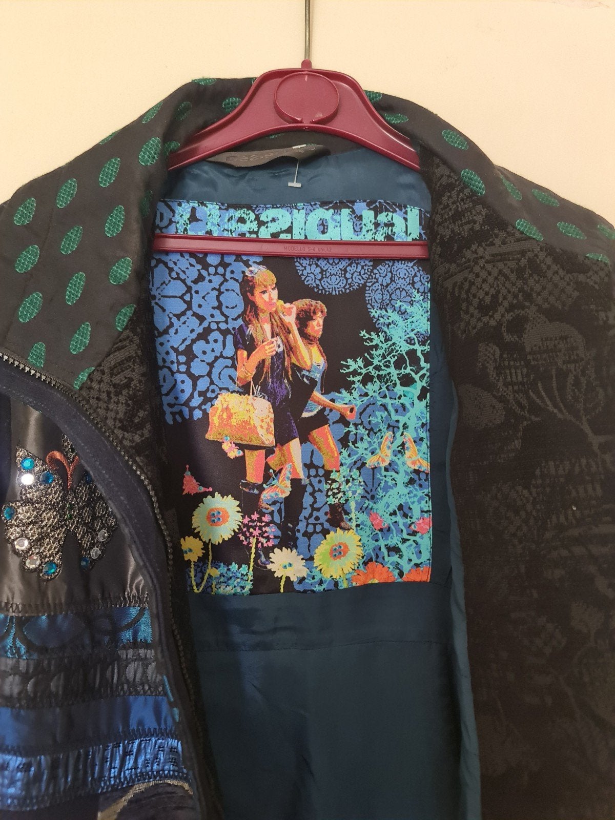 Desigual jas met kleurrijke patronen en borduursels, Maat 38/40 (M), Blauw, Ophalen of Verzenden, Zo goed als nieuw