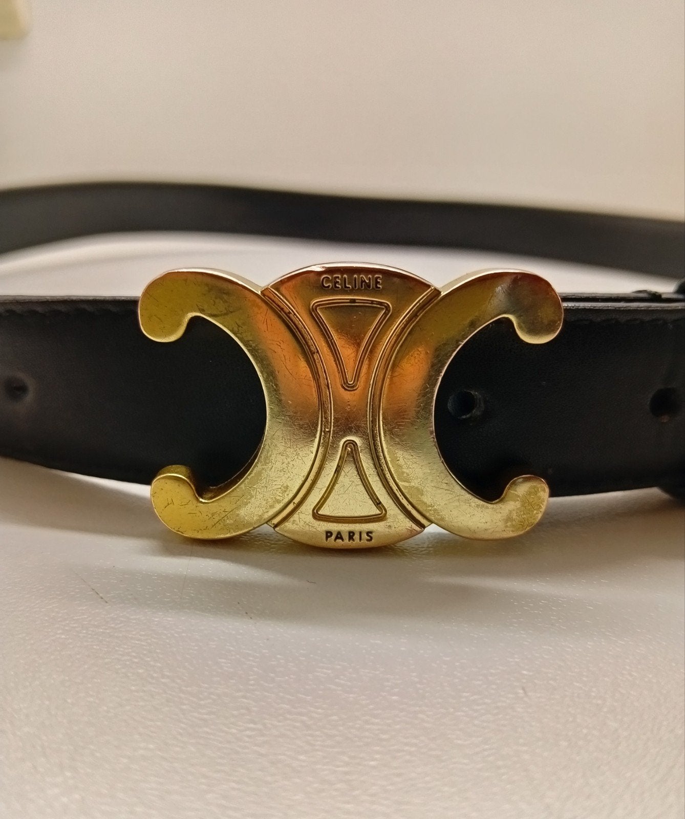 Celine Paris Triumphe 25 zwart leer riem | 90 cm, Minder dan 3 cm, 80 tot 90 cm, Gedragen, Echt leder
