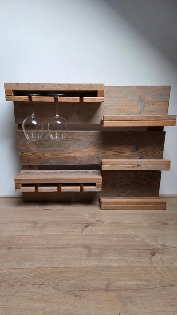 Wijnrek van hout voor 6 glazen en 3 flessen, Ophalen, Hout, Minder dan 50 cm