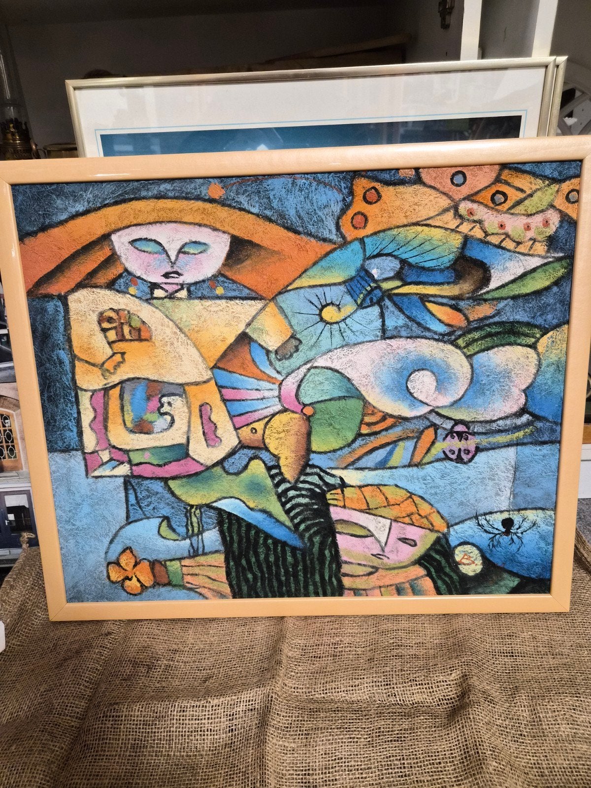 B.long schilderij op kokosvezel 64.5x54cm, Antiek en Kunst, Figuren, Ophalen of Verzenden, Gemengde techniek, Overige materialen