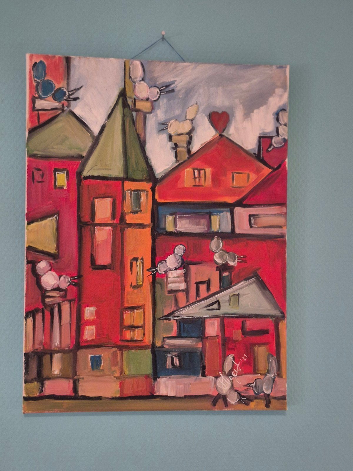 Kleurrijk Stadsgezicht Schilderij met Vogels en Hart, Ophalen of Verzenden