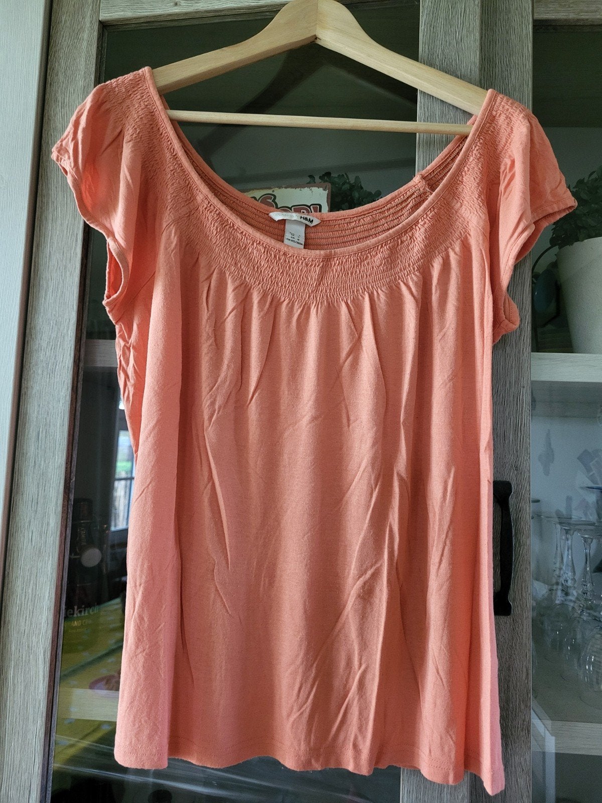 H&M top. Oranje zalmroze. Maat L. Off shoulder. Korte mouw., H&M, Maat 42/44 (L), Oranje, Ophalen of Verzenden