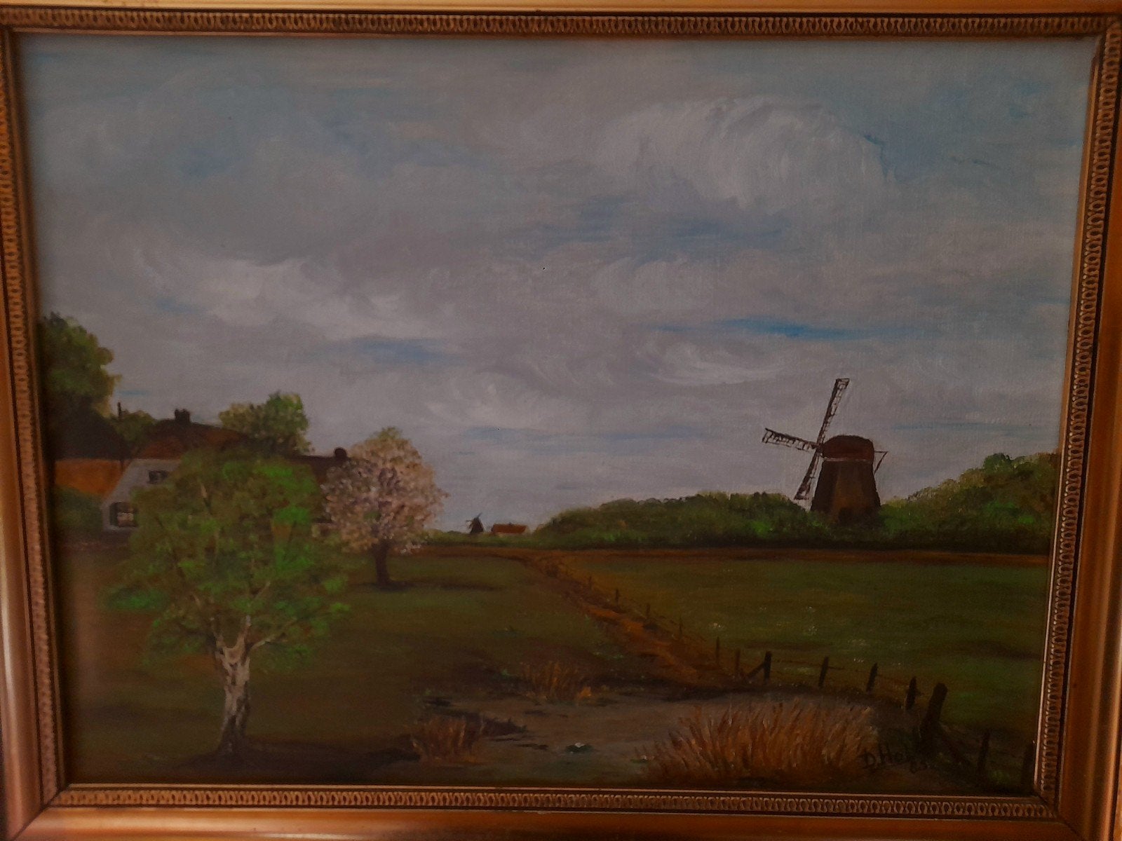 Schilderij Landschap met Molen - Gesigneerd D.J. Holt '83, Antiek en Kunst, Ophalen, Doek, Realistisch, Gedateerd