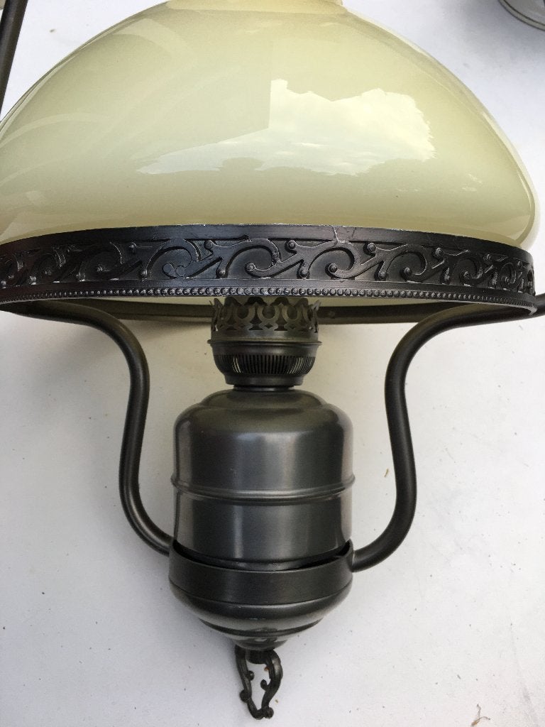 Hanglamp van tin met glazen kap., Ophalen, Zo goed als nieuw, Overige materialen