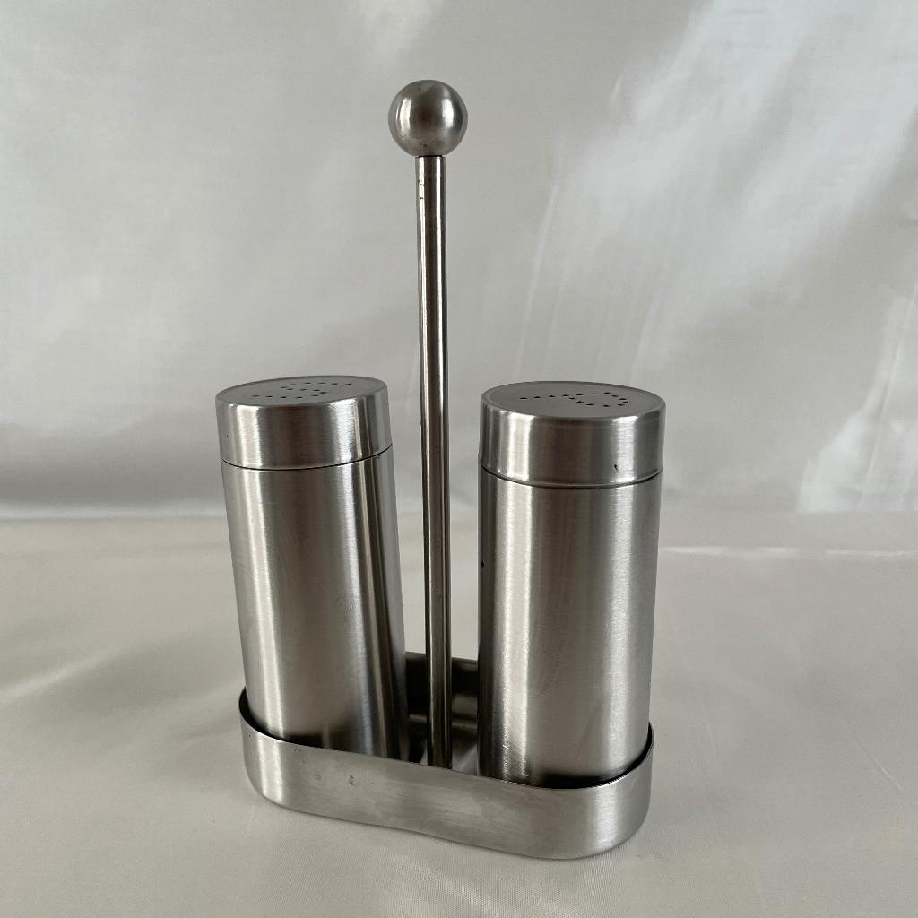RVS peper en zoutstel met houder – modern design keukenset, Overige typen, Zilver, Ophalen of Verzenden, Zo goed als nieuw