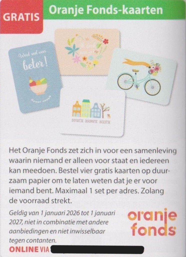 Oranje Fonds-kaarten. Gratis. Postcodeloterij kortingsbon., Eén persoon, Kortingsbon, Warenhuis- of Winkelbon