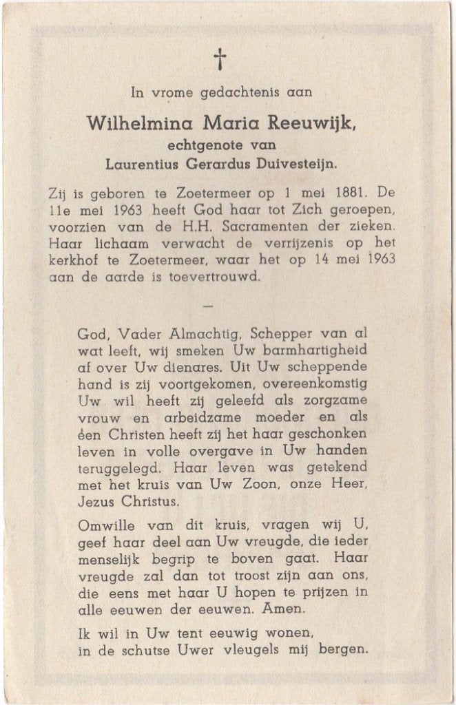 Wilhelmina M. Reeuwijk 1881 - 1963 Zoetermeer, 82 jaar oud, Verzamelen, Verzenden