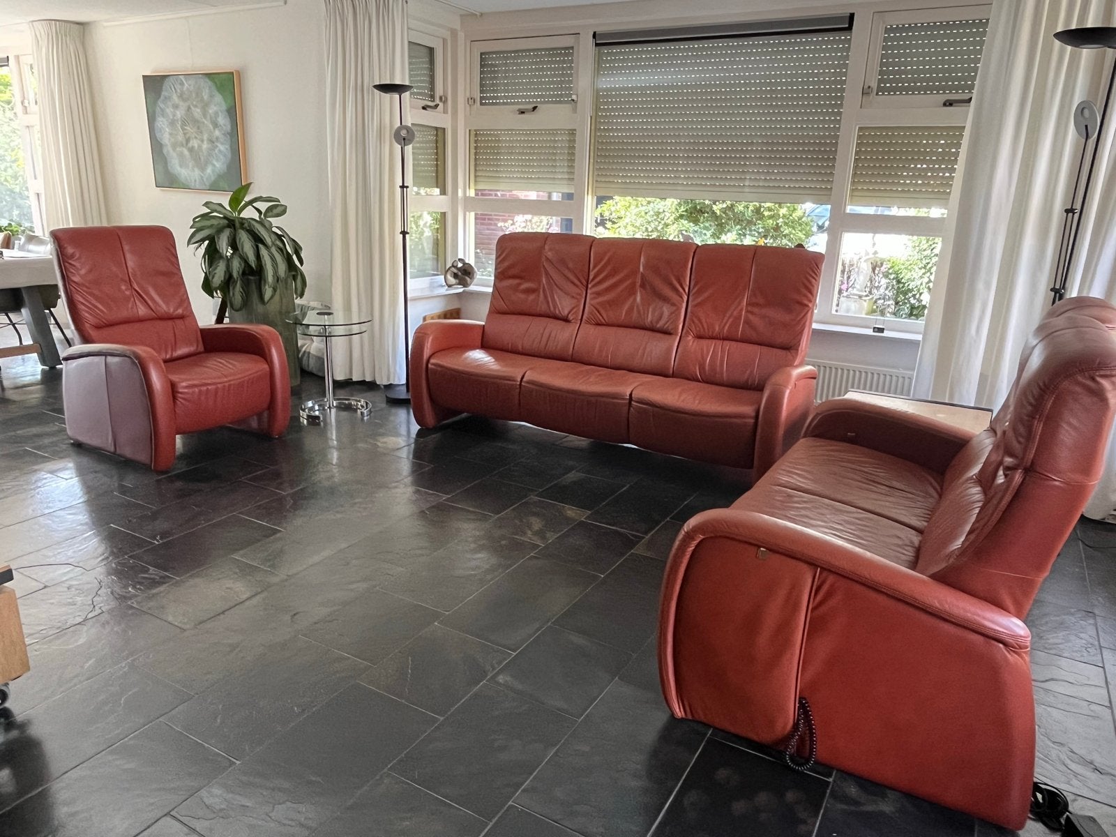 Leren bankstel met relaxfunctie - 2-zits en 3-zits bank, Ophalen, Gebruikt, Driepersoons, Rechte bank