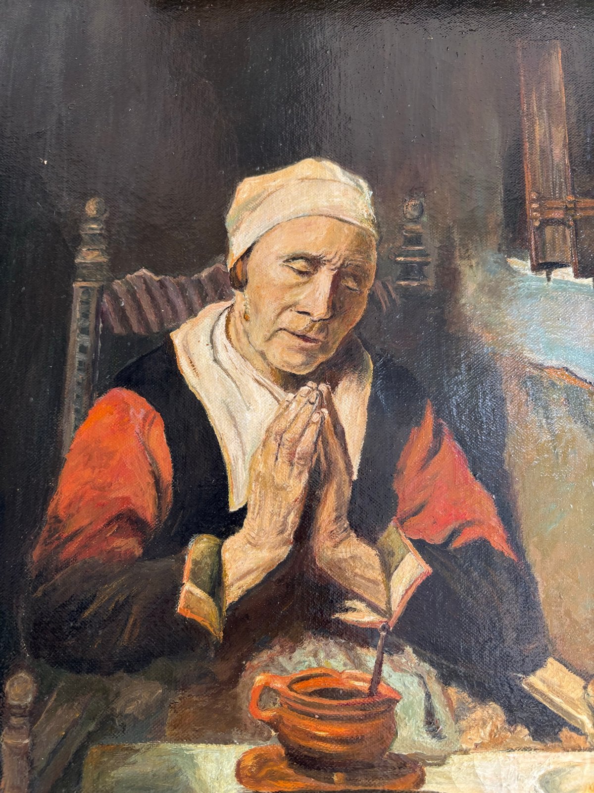 Olieverfschilderij biddende vrouw met bijpassende lijst, Antiek en Kunst, Ophalen of Verzenden