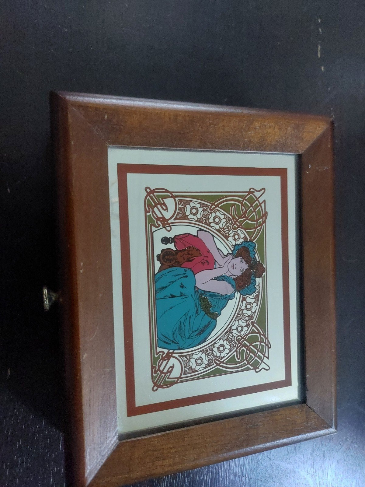 Vintage houten sieradendoosje met Art Nouveau print, Ophalen of Verzenden