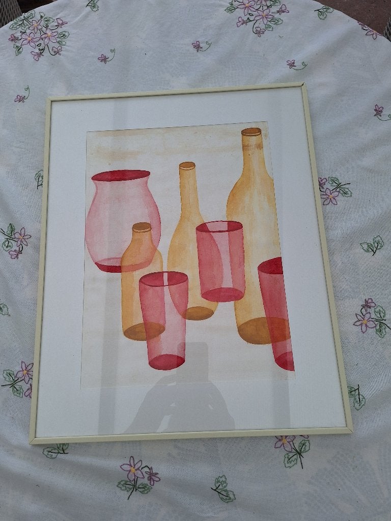 Glazen, flessen en glazen, aquareltechniek, reproductie, 50 – 75, Minder dan 50 cm, Gebruikt, Ophalen of Verzenden