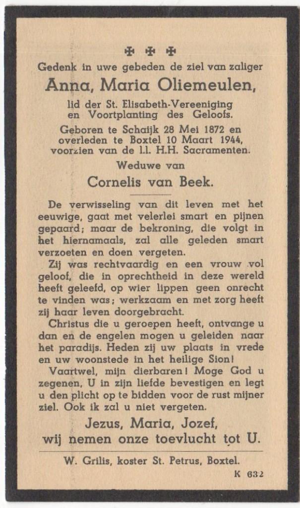 Anna Maria Oliemeulen 1872 Schaijk + 1944 Boxtel, 71 jaar, Verzenden