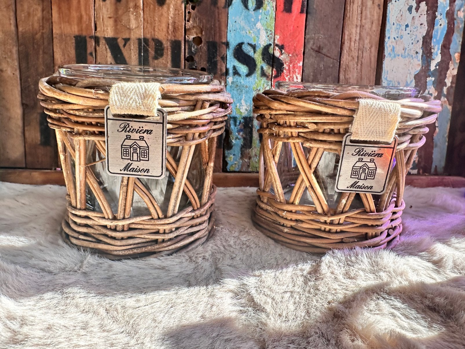 Set van 2 Rivièra Maison Rustic Rattan Waxinelichthouders, Huis en Inrichting, Ophalen of Verzenden, Zo goed als nieuw, Rivièra Maison
