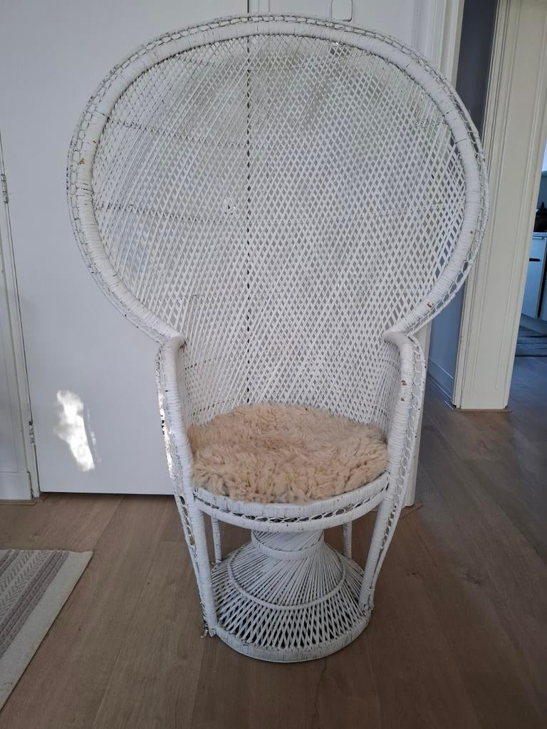 Prachtige witte rotan, riete pauwstoel, stoel, tuinstoel, Huis en Inrichting, Stoelen, Ophalen, Gebruikt, Bruin, Eén