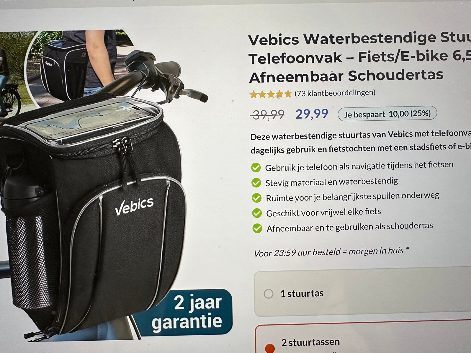 Vebics afneembare schoudertas fiets, Fietsen en Brommers, Ophalen of Verzenden, Zo goed als nieuw