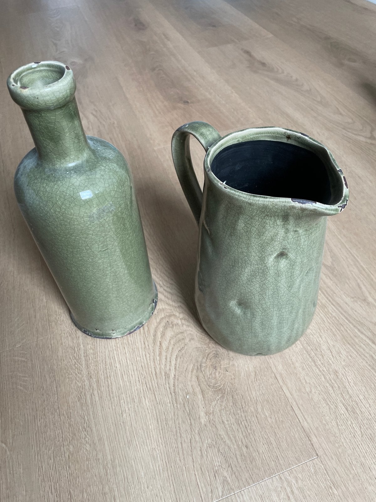 Antieke kruiksetje - fles en kan in groen craquelé, Antiek en Kunst, Ophalen of Verzenden