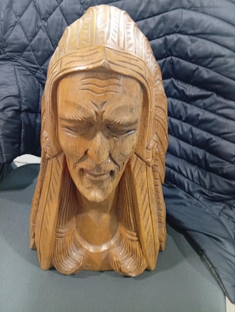 Houten Buste van Indiaans Hoofd - Handgesneden, Antiek en Kunst, Buste, Ophalen of Verzenden, Handgemaakt, 20 - 50 cm