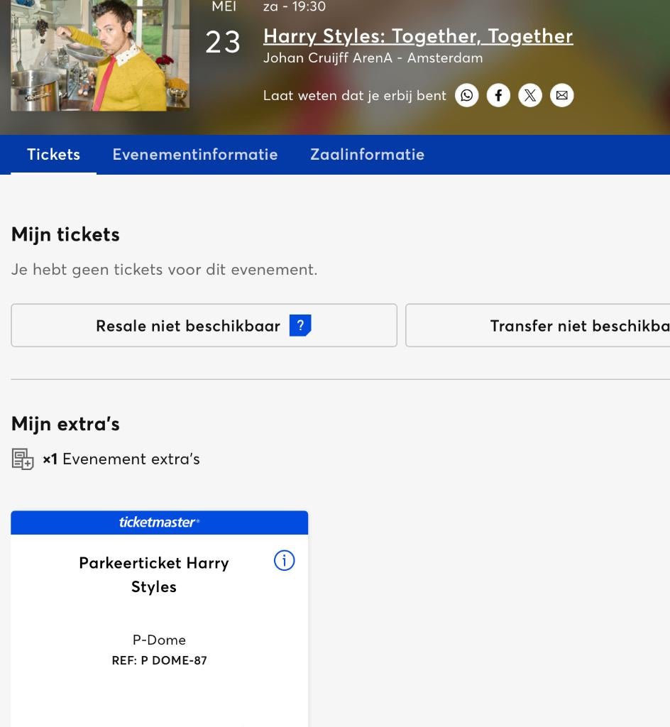 parkeerticket Harry Styles in P-dome voor 23-05, Eén persoon, Mei
