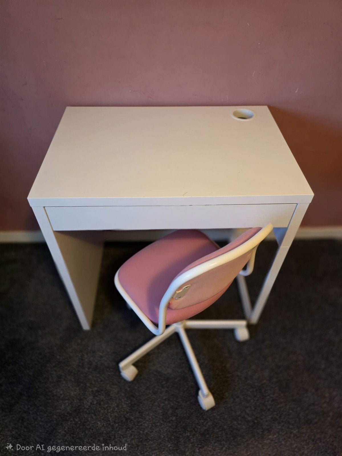 Wit bureau met lade en kabelgat, inclusief roze bureaustoel, Huis en Inrichting, Ophalen, Gebruikt, Kabelgoot, Overige merken