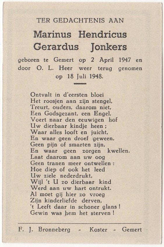 Marinus H.G. Jonkers 1947 Gemert + 1948 Gemert, 1 jaar oud, Ophalen of Verzenden