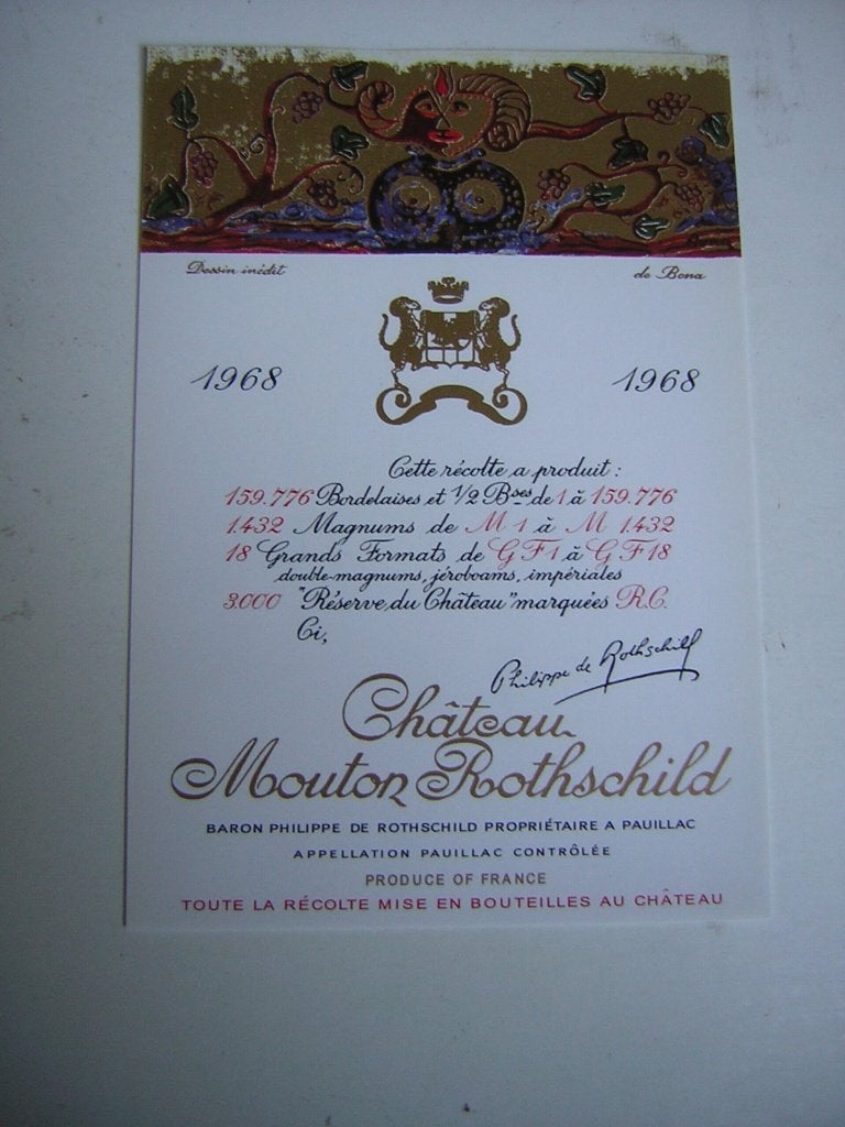 Origineel Chateau Mouton Rothschild Wijn Etiket 1968, Frankrijk, Nieuw, Ophalen of Verzenden, Rode wijn