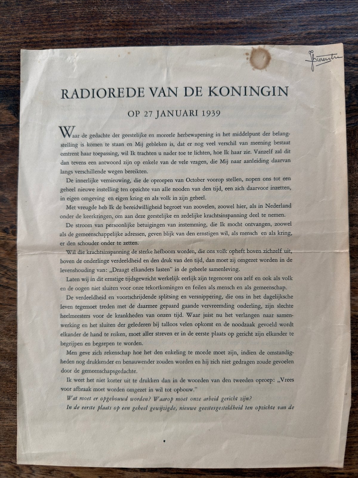 Radiorede van Koningin Wilhelmina  27 januari 1939 Origineel, Boeken, Ophalen, Zo goed als nieuw