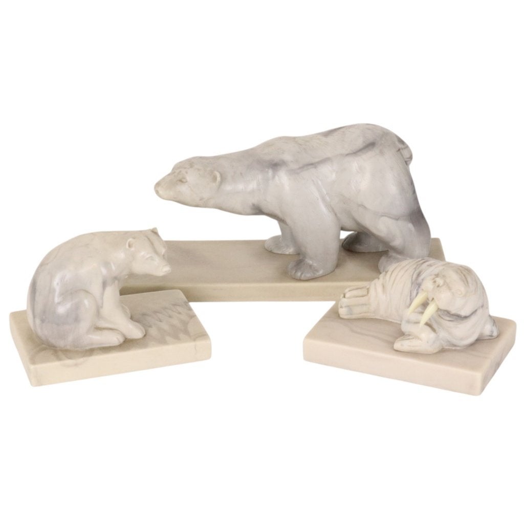 Vintage Set van 3 Dieren Beeldjes Kunstmarmer Inuit Canada, Ophalen of Verzenden, Gebruikt, Dier