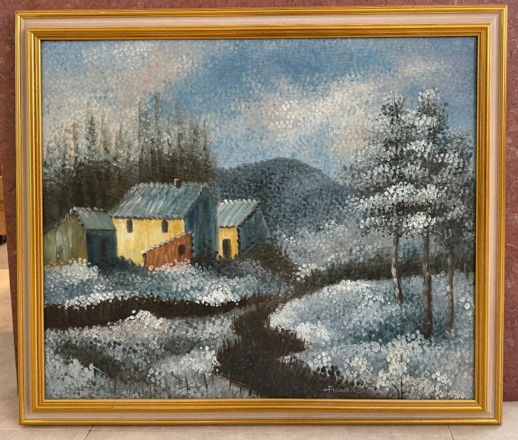 Schilderij Winterlandschap met huisjes., Ophalen, 50 – 75, Oorspronkelijke maker, Zo goed als nieuw