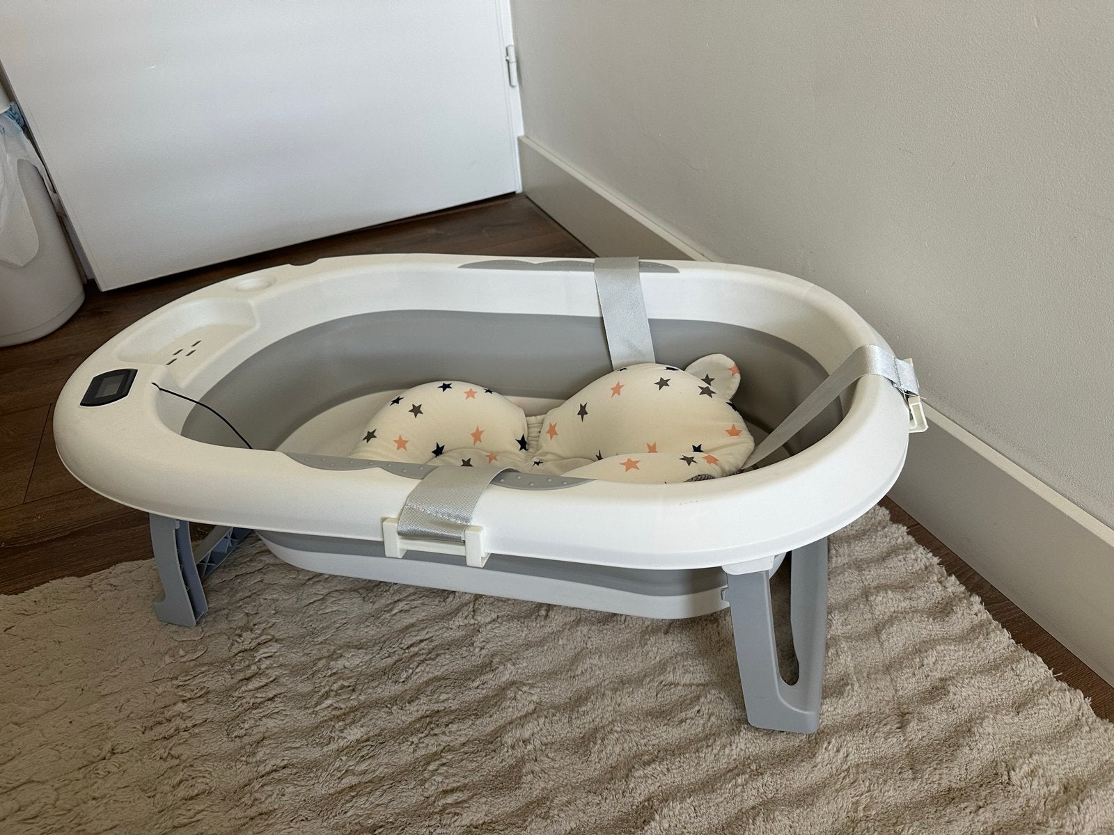 Inklapbaar babybadje met thermometer en badkussen, Ophalen, Gebruikt, Badje